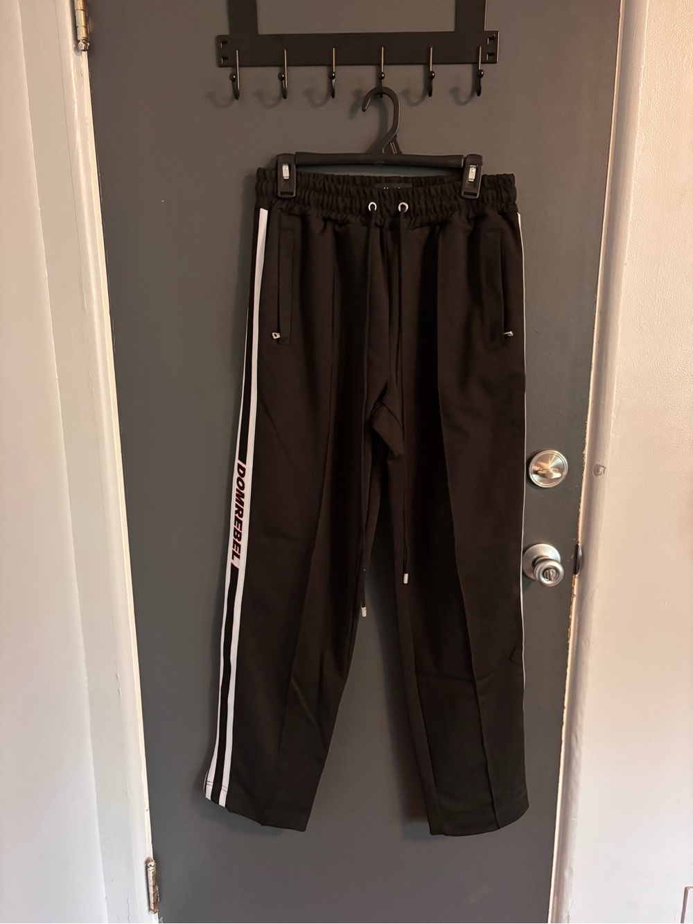 Men's Domrebel black track pants with white stripes